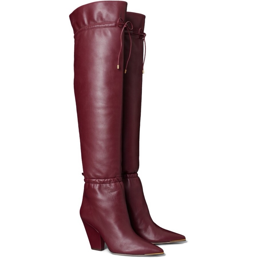 Tory Burch Lila Burgundy Leather Over the Knee Block Heel Boots Luxury 7